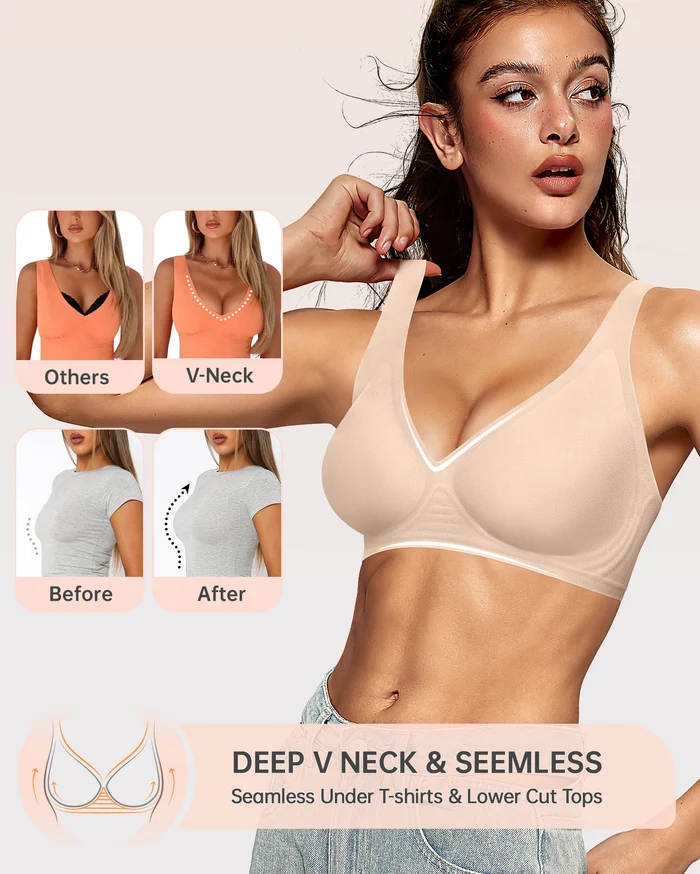 Deep V neckline staying invisible under a low-cut top