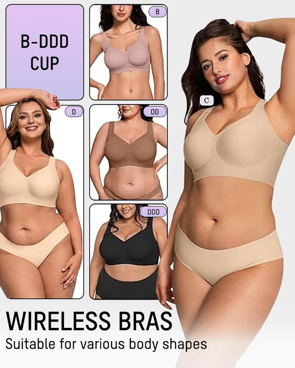 The bra worn across cup sizes B, C, D, DD and DDD